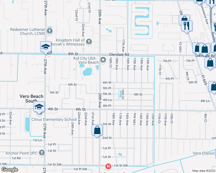 map of restaurants, bars, coffee shops, grocery stores, and more near 1826 5th Place in Vero Beach