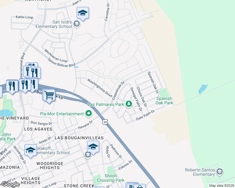 map of restaurants, bars, coffee shops, grocery stores, and more near 206 Desert Palm Drive in Laredo