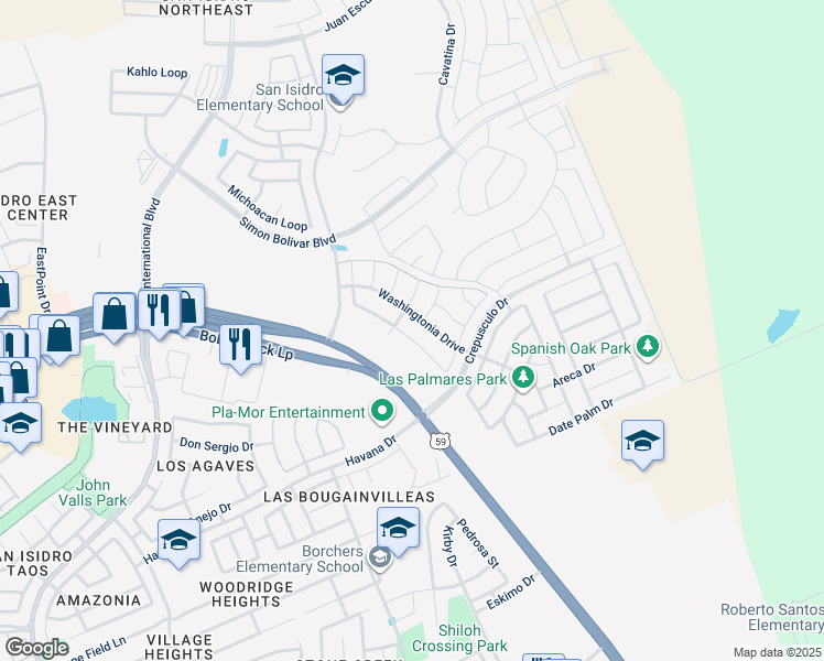 map of restaurants, bars, coffee shops, grocery stores, and more near 308 Sabal Loop in Laredo