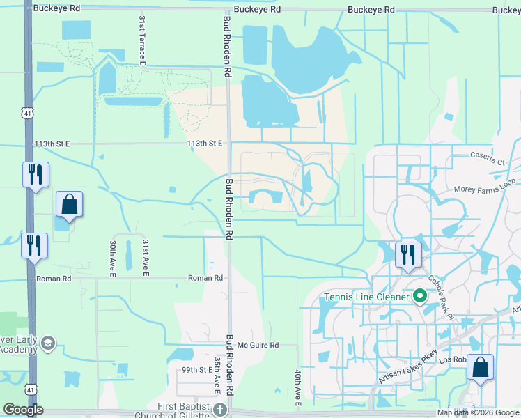 map of restaurants, bars, coffee shops, grocery stores, and more near 10901 36th Avenue East in Palmetto