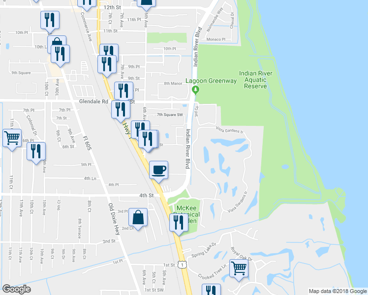 map of restaurants, bars, coffee shops, grocery stores, and more near 487 6th Street in Vero Beach