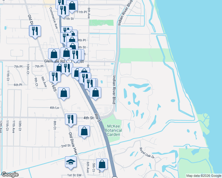 map of restaurants, bars, coffee shops, grocery stores, and more near 489 6th Street in Vero Beach