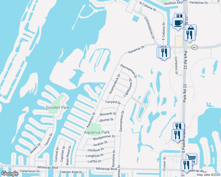 map of restaurants, bars, coffee shops, grocery stores, and more near 14837 Quarterdeck Drive in Corpus Christi