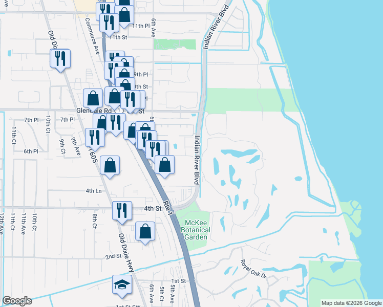 map of restaurants, bars, coffee shops, grocery stores, and more near 488 6th Manor in Vero Beach