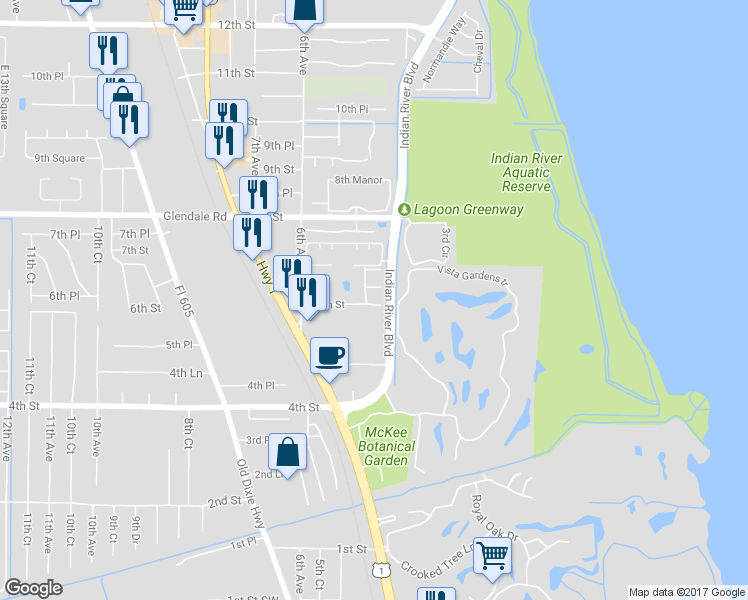 map of restaurants, bars, coffee shops, grocery stores, and more near 494 6th Street in Vero Beach