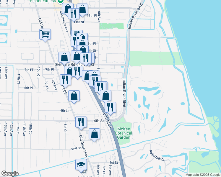 map of restaurants, bars, coffee shops, grocery stores, and more near 528 6th Street in Vero Beach