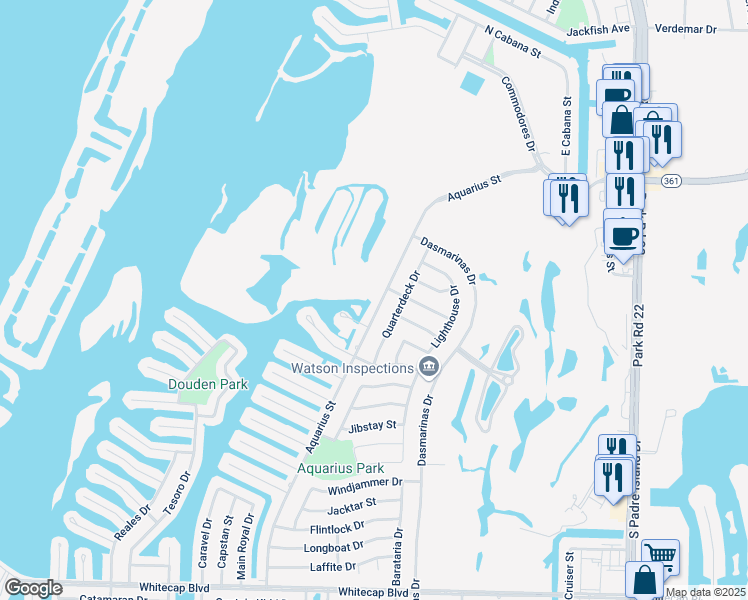 map of restaurants, bars, coffee shops, grocery stores, and more near 14801 Aquarius Street in Corpus Christi