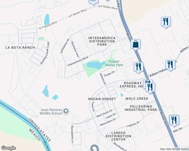 map of restaurants, bars, coffee shops, grocery stores, and more near 13134 Kickapoo Drive in Laredo