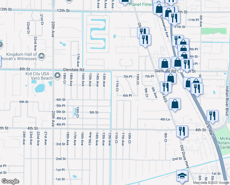 map of restaurants, bars, coffee shops, grocery stores, and more near 635 11th Court in Vero Beach
