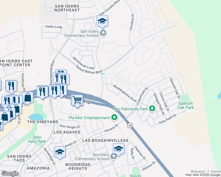 map of restaurants, bars, coffee shops, grocery stores, and more near 214 Sabal Loop in Laredo