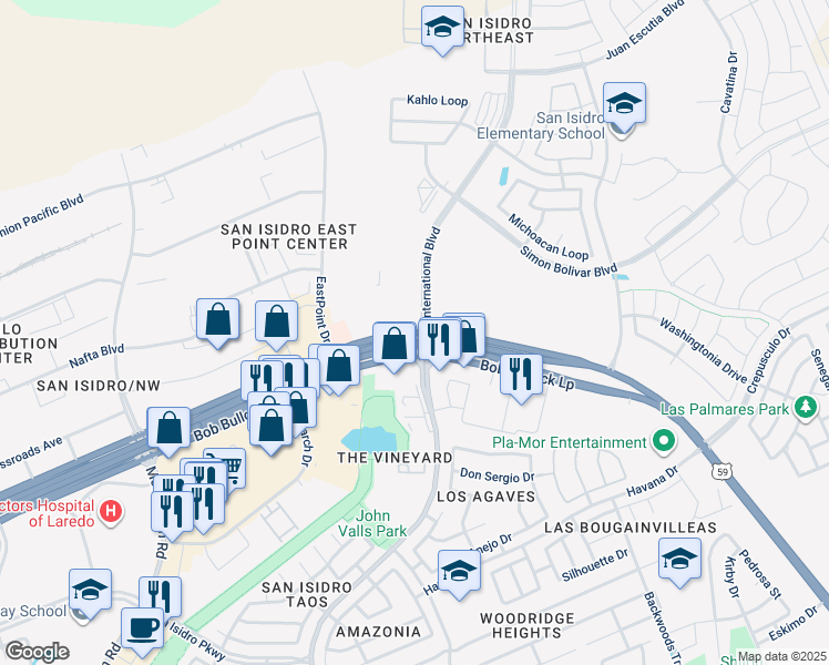 map of restaurants, bars, coffee shops, grocery stores, and more near 302 Bob Bullock Loop in Laredo
