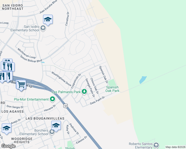 map of restaurants, bars, coffee shops, grocery stores, and more near 206 Bur Oak Drive in Laredo