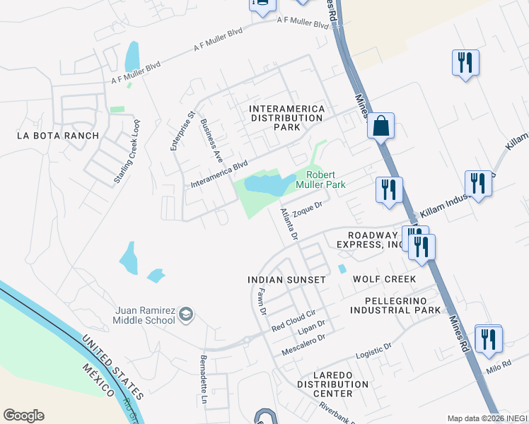 map of restaurants, bars, coffee shops, grocery stores, and more near 13134 Kickapoo Drive in Laredo