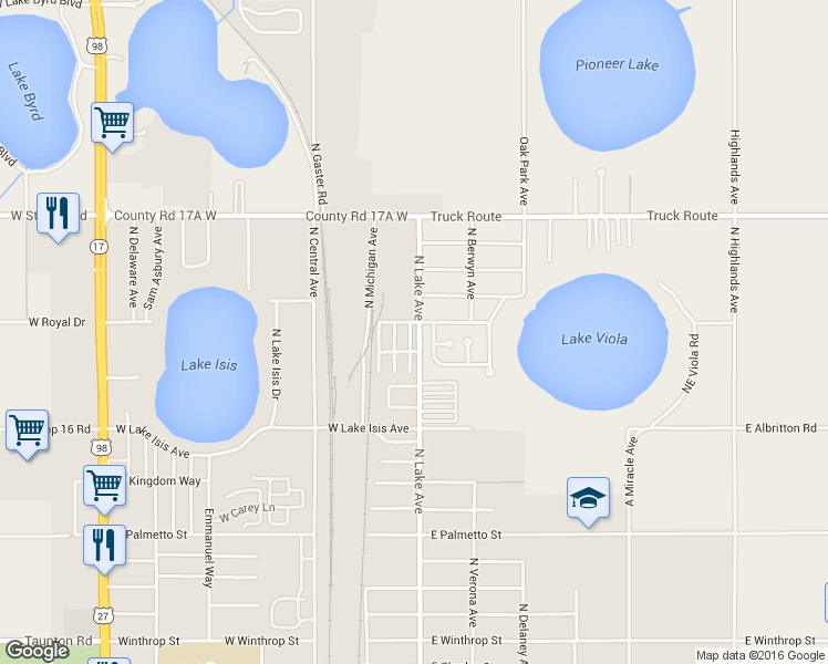 map of restaurants, bars, coffee shops, grocery stores, and more near 1499 North Lake Avenue in Avon Park