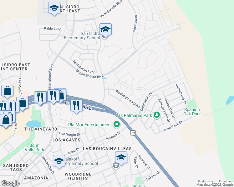 map of restaurants, bars, coffee shops, grocery stores, and more near 214 Sabal Loop in Laredo