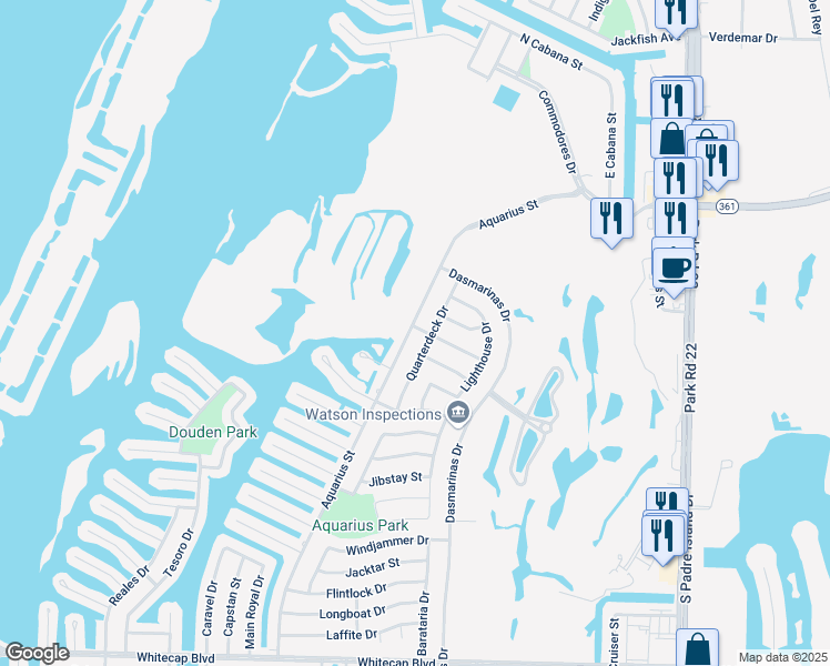 map of restaurants, bars, coffee shops, grocery stores, and more near 14801 Aquarius Street in Corpus Christi