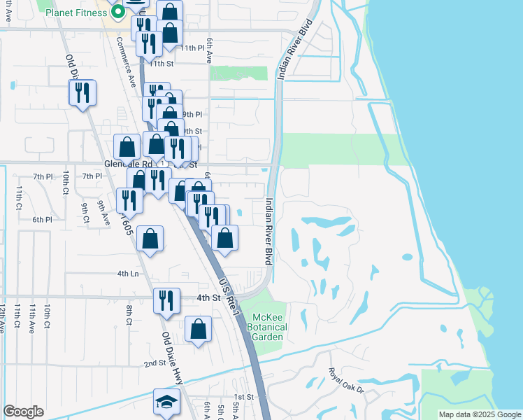 map of restaurants, bars, coffee shops, grocery stores, and more near 488 6th Manor in Vero Beach