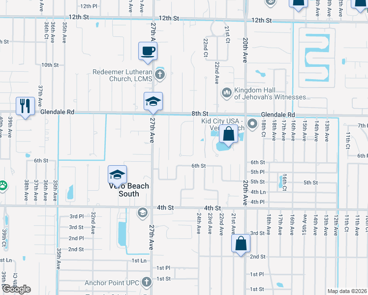 map of restaurants, bars, coffee shops, grocery stores, and more near 726 24th Square in Vero Beach