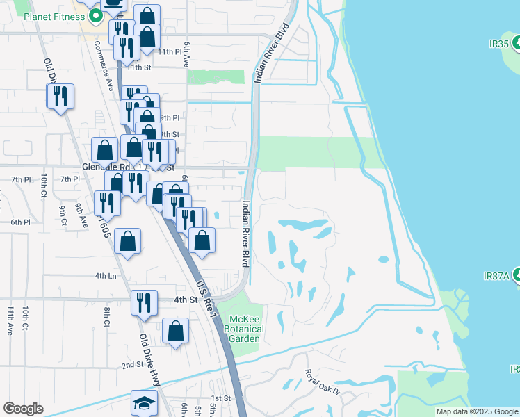 map of restaurants, bars, coffee shops, grocery stores, and more near 7 Vista Gardens Trail in Vero Beach