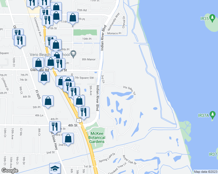 map of restaurants, bars, coffee shops, grocery stores, and more near 38 Vista Gardens tr in Vero Beach