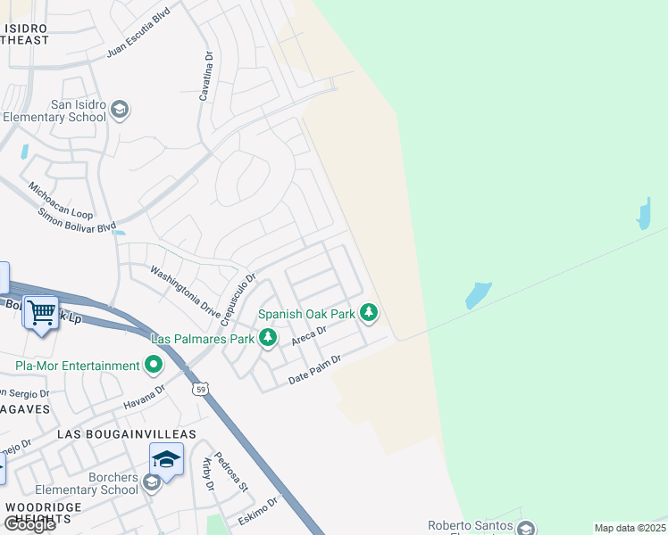 map of restaurants, bars, coffee shops, grocery stores, and more near Bur Oak Drive in Laredo