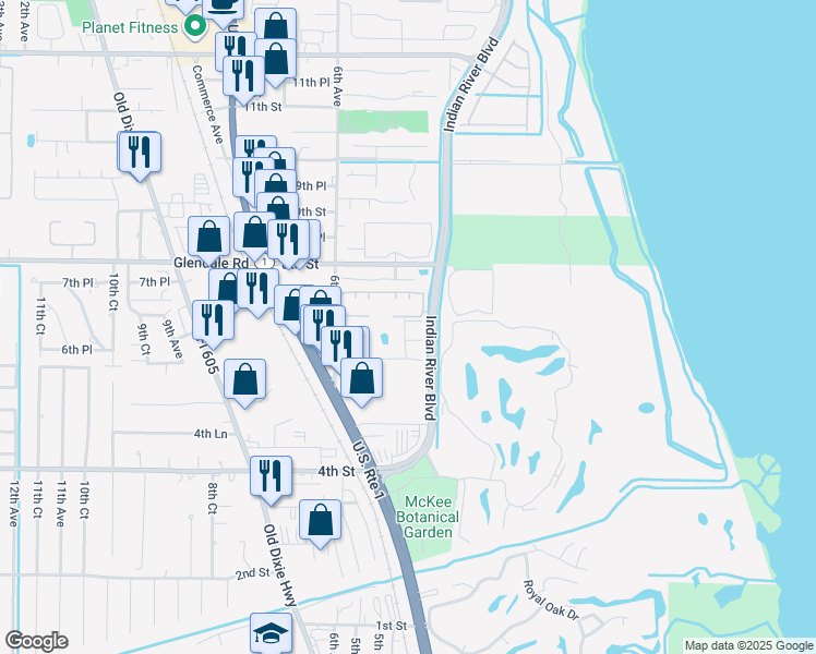 map of restaurants, bars, coffee shops, grocery stores, and more near 488 6th Manor in Vero Beach