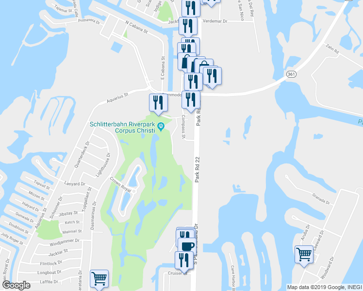 map of restaurants, bars, coffee shops, grocery stores, and more near 14837 Compass Street in Corpus Christi