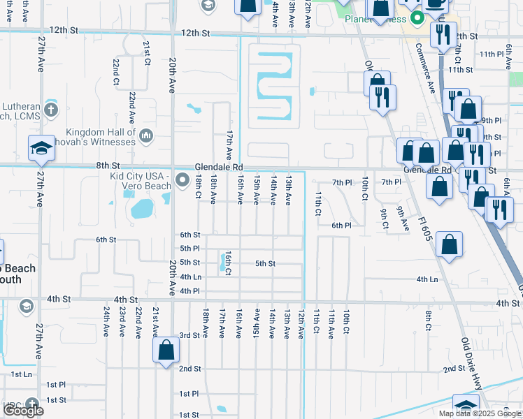 map of restaurants, bars, coffee shops, grocery stores, and more near 645 14th Avenue in Vero Beach