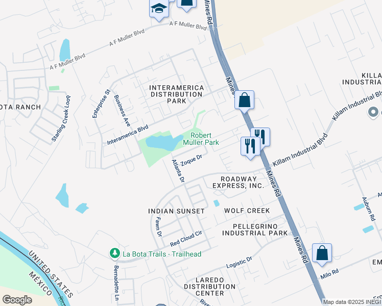 map of restaurants, bars, coffee shops, grocery stores, and more near 529 Zoque Drive in Laredo