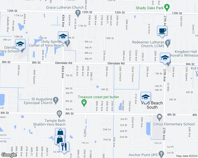 map of restaurants, bars, coffee shops, grocery stores, and more near 3700 6th Lane in Vero Beach