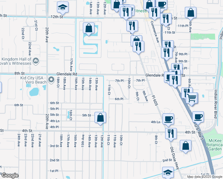 map of restaurants, bars, coffee shops, grocery stores, and more near 685 11th Court in Vero Beach
