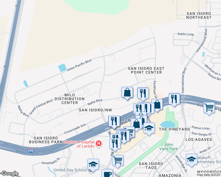 map of restaurants, bars, coffee shops, grocery stores, and more near 11119 McPherson Road in Laredo