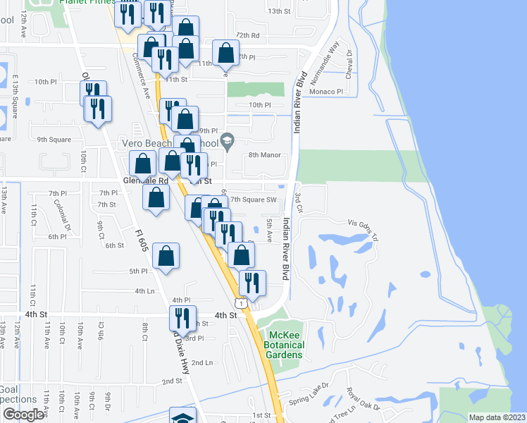 map of restaurants, bars, coffee shops, grocery stores, and more near 504 7th Square Southwest in Vero Beach