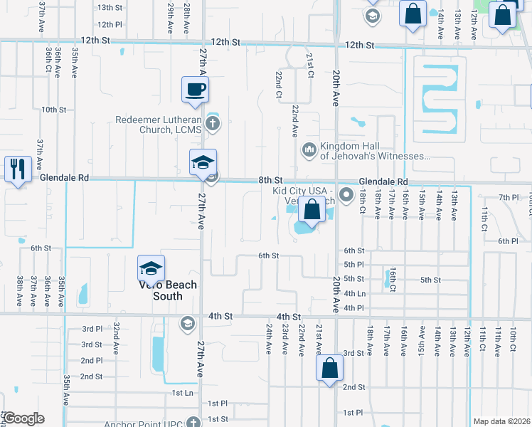 map of restaurants, bars, coffee shops, grocery stores, and more near 710 24th Square in Vero Beach