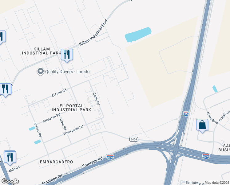 map of restaurants, bars, coffee shops, grocery stores, and more near 11914 Hayter Road in Laredo