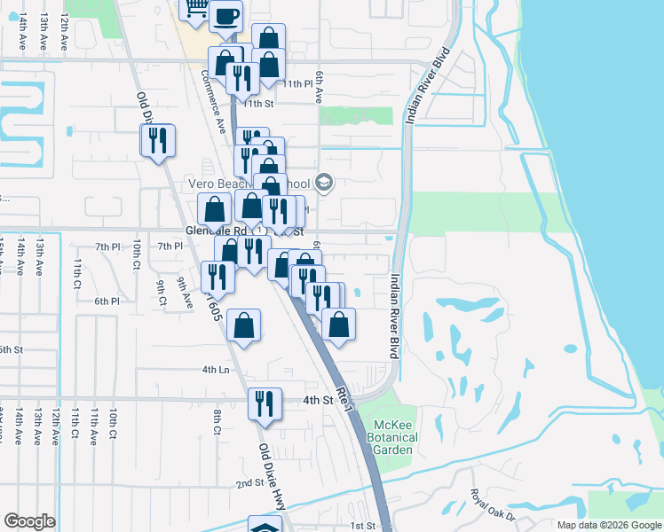 map of restaurants, bars, coffee shops, grocery stores, and more near 516 7th Square in Vero Beach