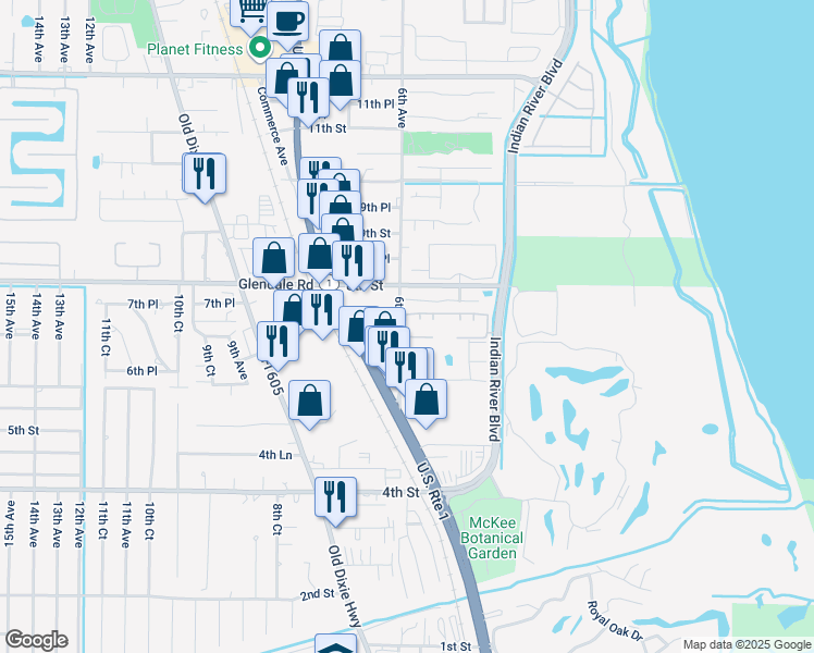 map of restaurants, bars, coffee shops, grocery stores, and more near 560 6th Avenue in Vero Beach