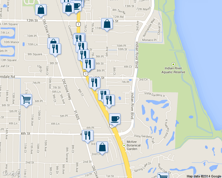 map of restaurants, bars, coffee shops, grocery stores, and more near 560 6th Avenue in Vero Beach