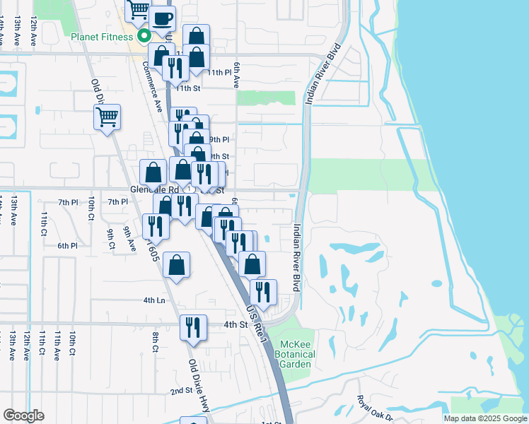 map of restaurants, bars, coffee shops, grocery stores, and more near 528 7th Square Southwest in Vero Beach