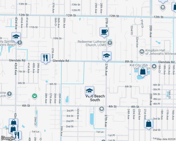 map of restaurants, bars, coffee shops, grocery stores, and more near 2945 7th Place in Vero Beach