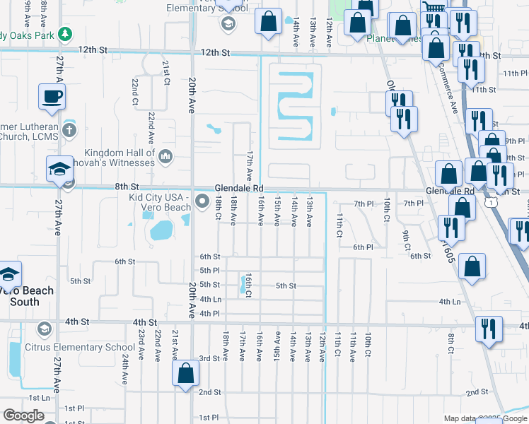 map of restaurants, bars, coffee shops, grocery stores, and more near 730 16th Avenue in Vero Beach