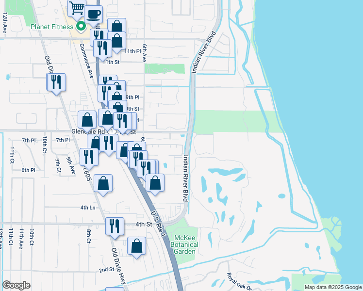 map of restaurants, bars, coffee shops, grocery stores, and more near 524 7th Square Southwest in Vero Beach