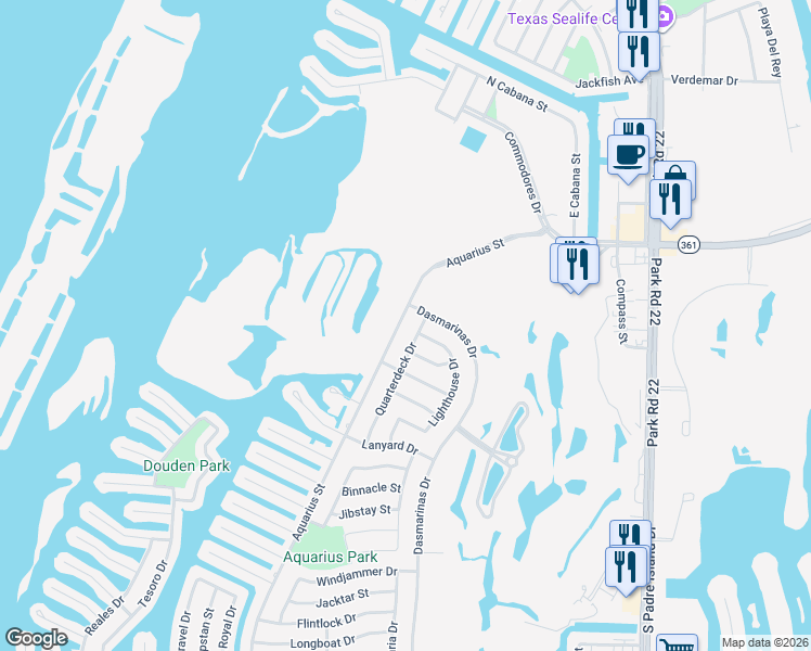 map of restaurants, bars, coffee shops, grocery stores, and more near 14714 Aquarius Street in Corpus Christi