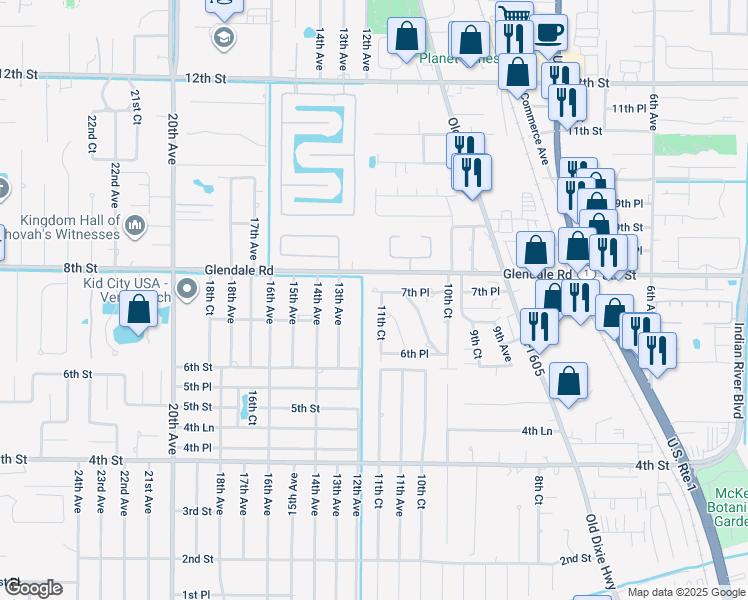 map of restaurants, bars, coffee shops, grocery stores, and more near 685 11th Court in Vero Beach