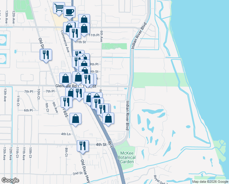 map of restaurants, bars, coffee shops, grocery stores, and more near 528 7th Square Southwest in Vero Beach