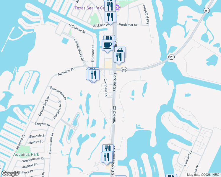 map of restaurants, bars, coffee shops, grocery stores, and more near 14725 South Padre Island Drive in Corpus Christi