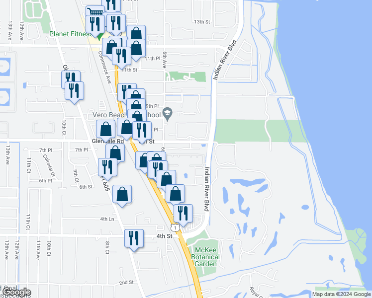 map of restaurants, bars, coffee shops, grocery stores, and more near 528 7th Square Southwest in Vero Beach