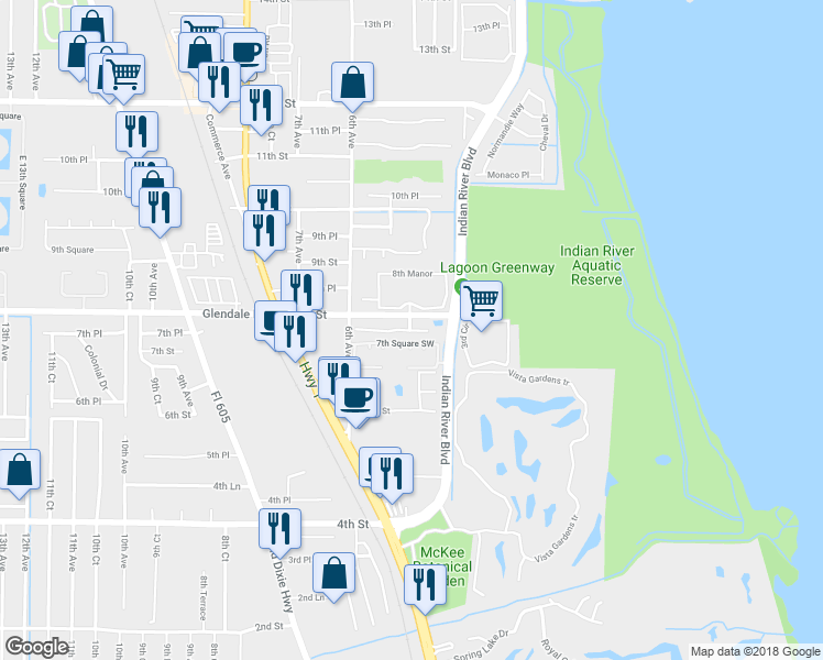map of restaurants, bars, coffee shops, grocery stores, and more near 556 7th Place in Vero Beach