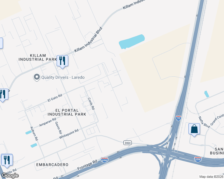 map of restaurants, bars, coffee shops, grocery stores, and more near 11914 Hayter Road in Laredo