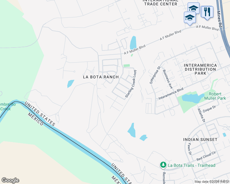 map of restaurants, bars, coffee shops, grocery stores, and more near 422 Starling Creek Loop in Laredo